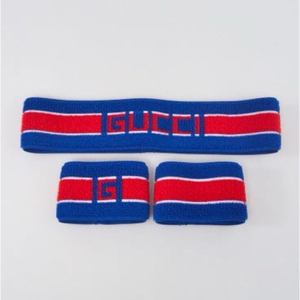 Authentic Gucci logo stripe sweatband set